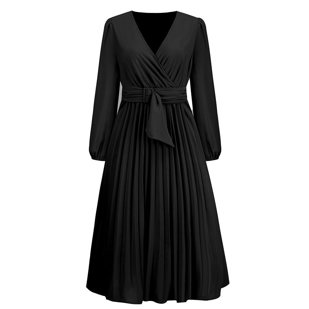 2022 European & American Slim Fit V-Neck A-Line Dress with Belt & Pleated Long Sleeves for Women