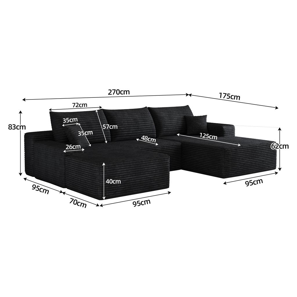 270cm Boneless Modular Corner Sofa, with L-Shaped Chaise Longue, with Deep Seat, No Assembly Required, Sofa for Living Room, Bedroom, Apartment, Black