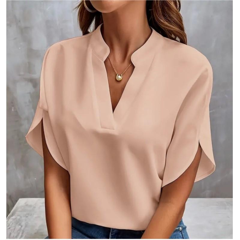 Damen Sommer V-Ausschnitt Elegantes Hemd Einfarbig Locker Kurzarm Freizeit-Top