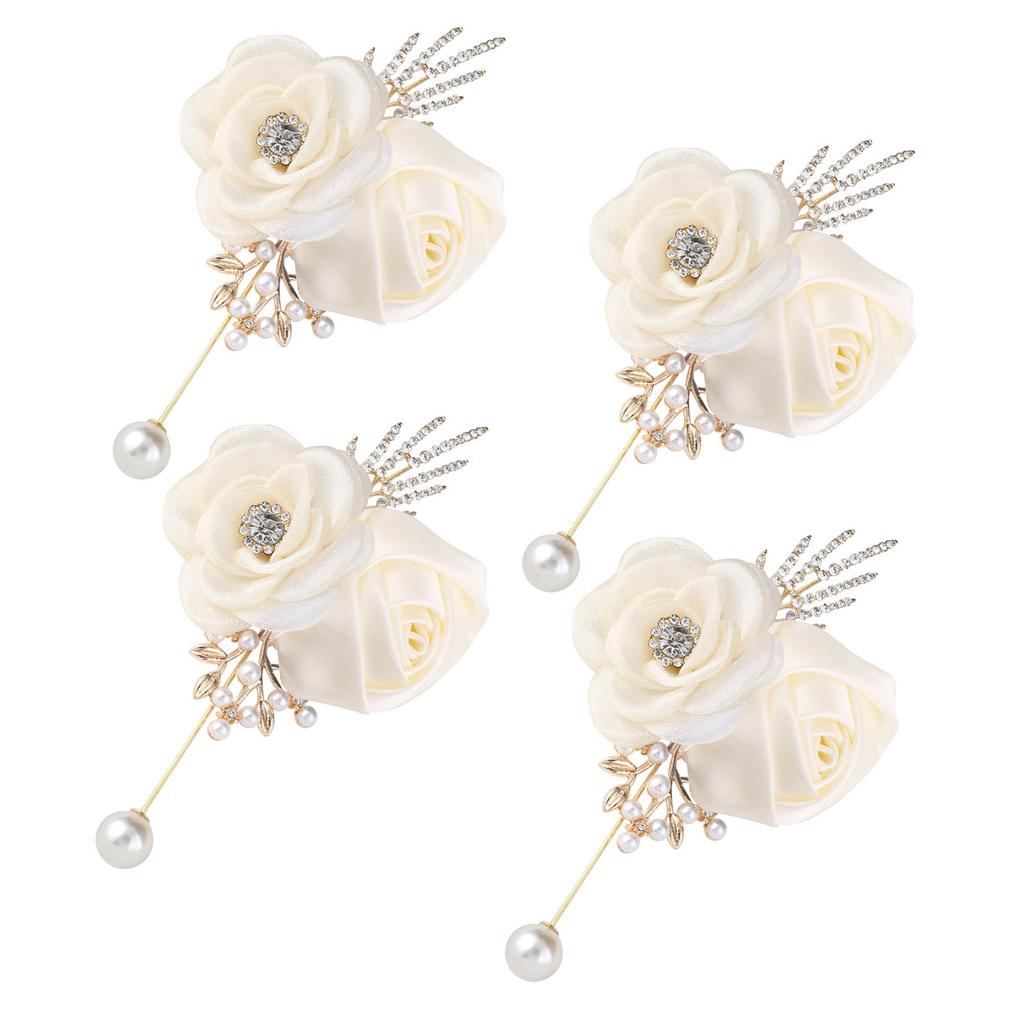 4Pieces Camellia Rose Boutonniere Handcrafts Pearls Decors Wedding Bride Corsage For Weddings Special Occasion Props
