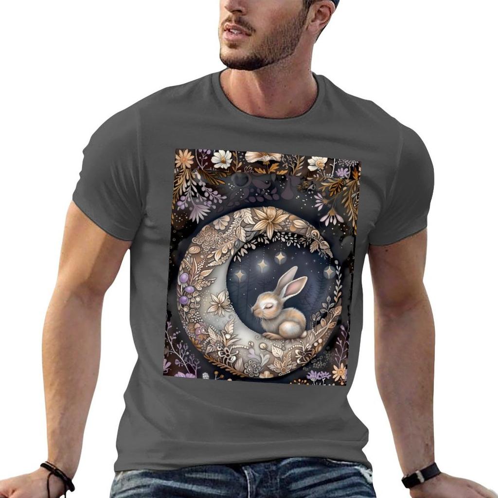 Moonlit Forest Rabbit TShirt No Iron Casual Short Sleeve Top