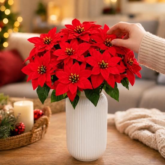 Artificial Poinsettia Flowers Bouquet 5 Head Faux Red Poinsettia Bush