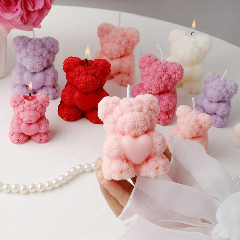 DIY Hug Heart Rose Teddy Bear Candle Mould for Aromatherapy Gypsum Candle Resin Statue Making Ideas Handicraft Gift