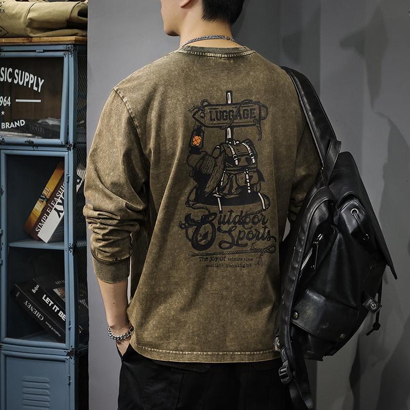 Autumn Heavy Washed Trendy Brand Printed Long-Sleeved T-Shirt Men'S American Retro Sweater Pure Cotton Loose Crew Neck Bottoming Shirt