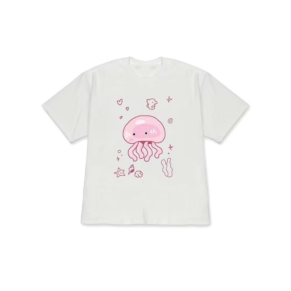 Cute Sea Animal Graphic T-shirt Kawaii Ocean Cartoon Short Sleeve Shirt Loose Fit Summer Beach Streetwear