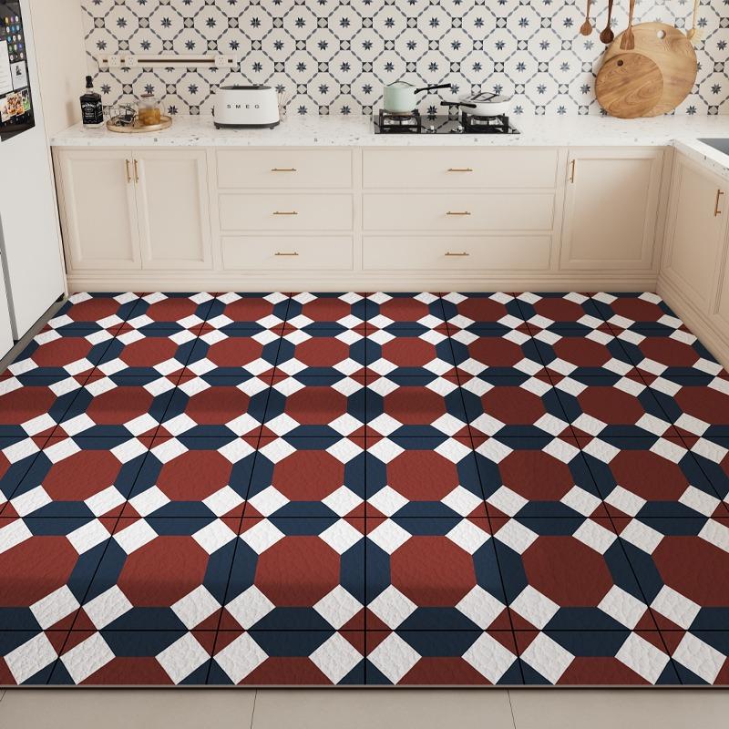Large PVC Kitchen Floor Mat Waterproof Non-slip Green Rug Geometric Flower Design Home Decoration Rugs Durable Leather Carpet