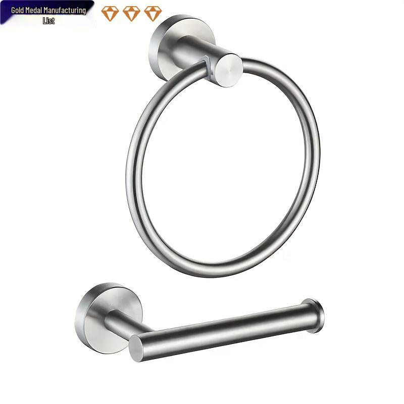 Stainless Steel Bathroom Set: Towel Ring, Towel Bar, and Tissue Holder.