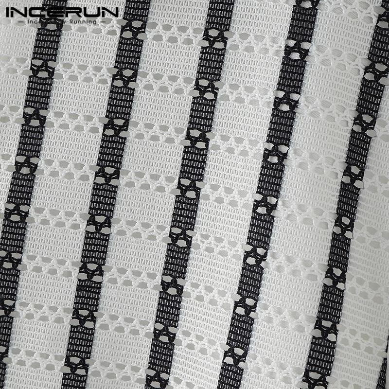 INCERUN Herren Reverskragen Kurzarm Gestreift Spitze Patchwork Lässig Oversized Hemden