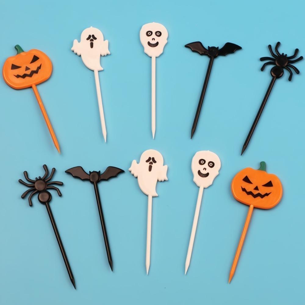 10pcs Halloween Plastic Toothpicks Cakes Fruit Skewers Fruit Forks Inserted Skewers Party Supplies Paper Cupcake Decorations