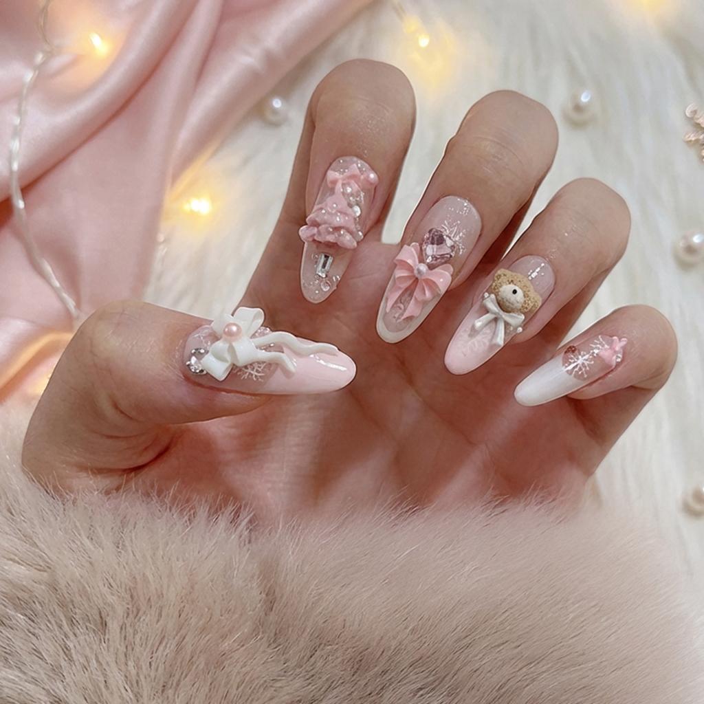 10Pcs Christmas Bear Design Press On Nails Easy To Apply and Remove Fake Nails for Party
