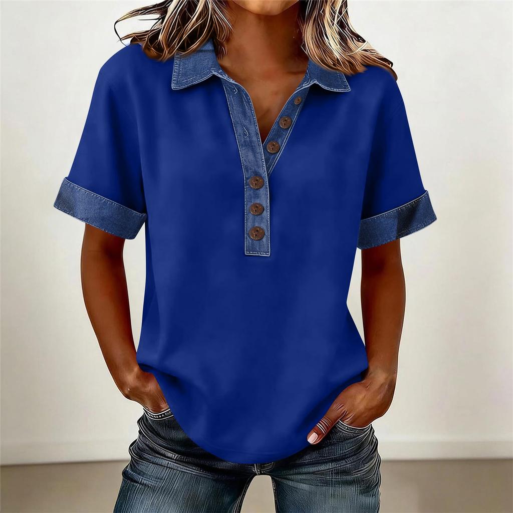 Denim Patchwork Hemden für Damen Stehkragen Lässige Bluse Kurzarm Bequemes T-Shirt Frühling Sommer Mode