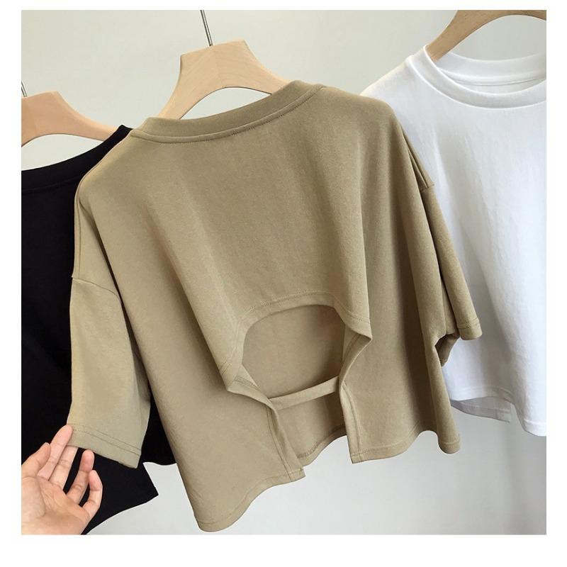 Backless Short T-shirt for Women Sweet and Spicy Korean Style Summer New Round Neck Loose Short-sleeved Top