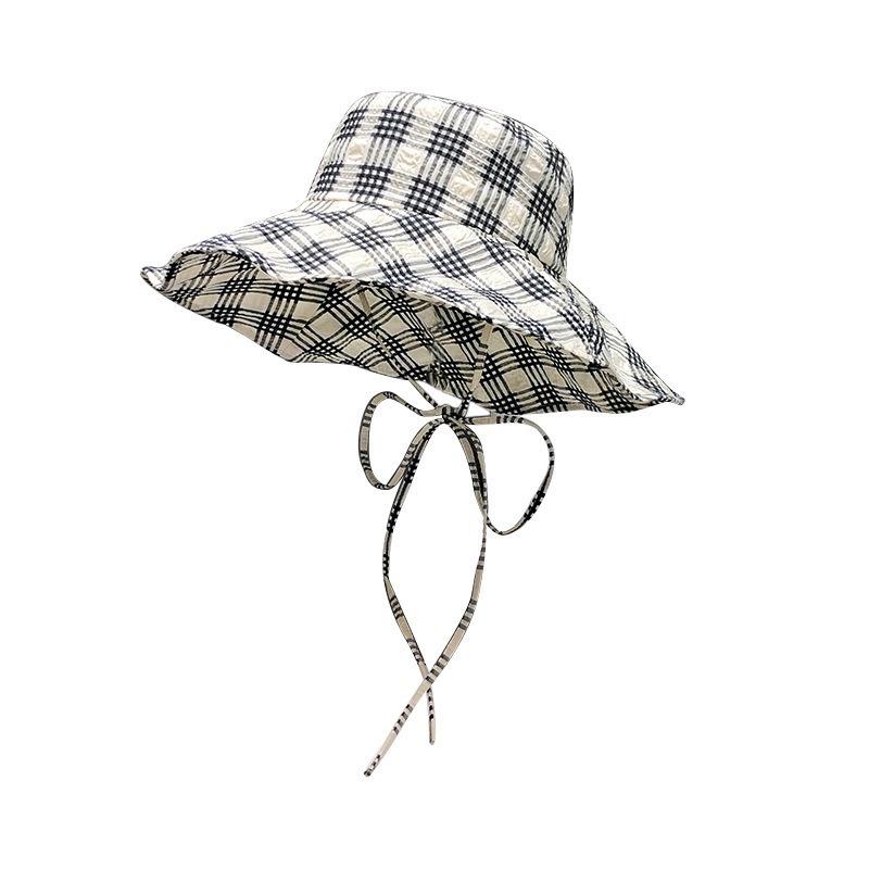 Ruth strap bucket hat big brim sunshade sunscreen hat summer outing versatile plaid hat woman