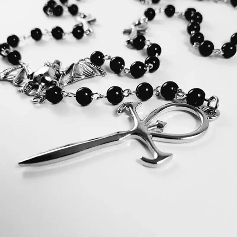 Vampire Ankh Rosary Occult Vamp Bead Necklace Goth Punk Bat Cross Pendant Necklace Handmade Beaded Egyptian Tradgoth Jewelry
