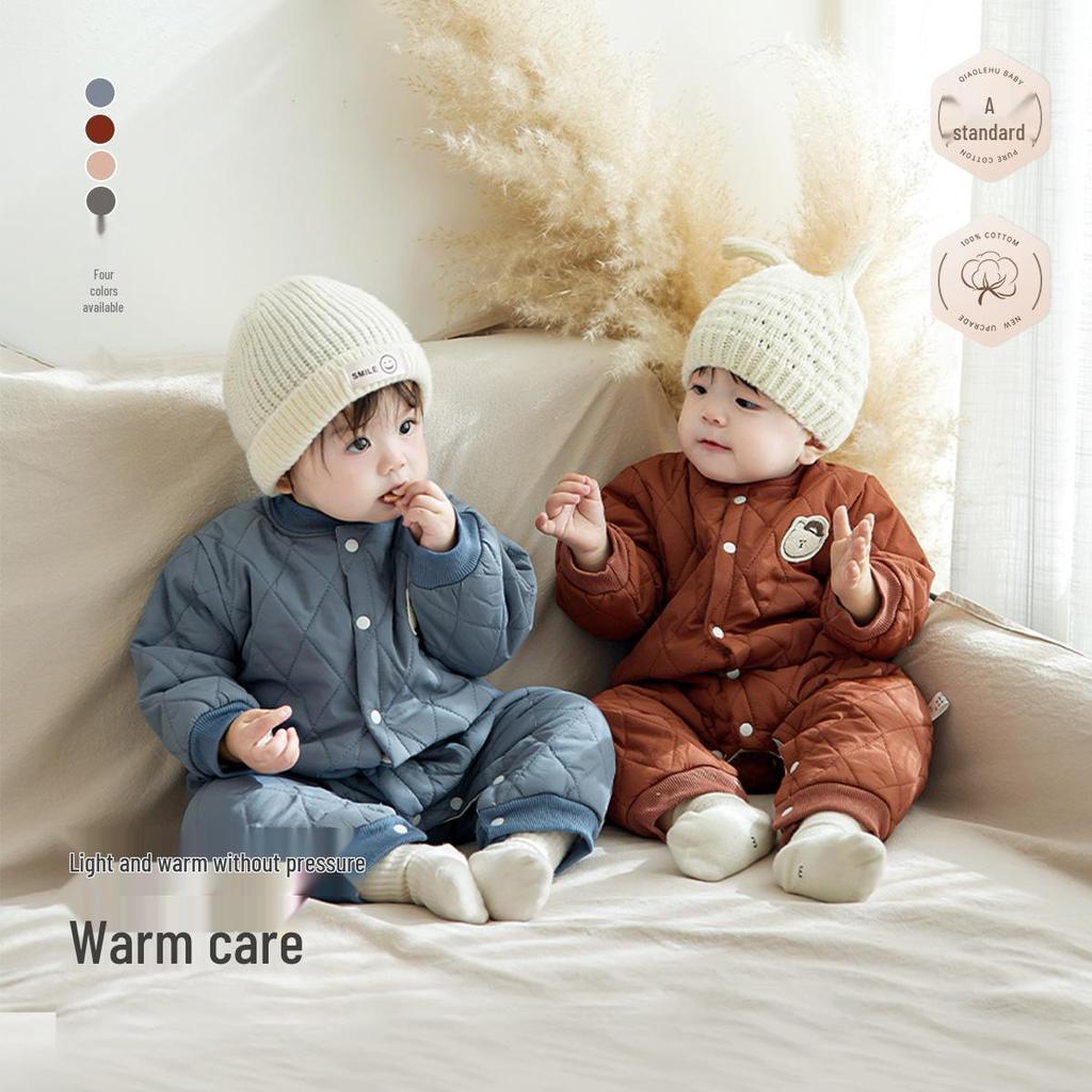 Quilted Cotton-Padded Snap-Front Baby Bodysuit for Boys & Girls - Warm Autumn/Winter Romper & Crawling Suit