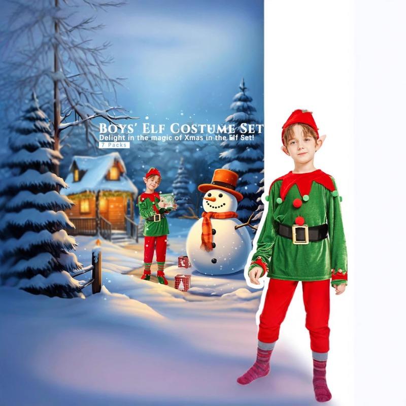 Christmas Kids Elf Costume Set Boy Velvet Funny Elf Dress Up Christmas Costume