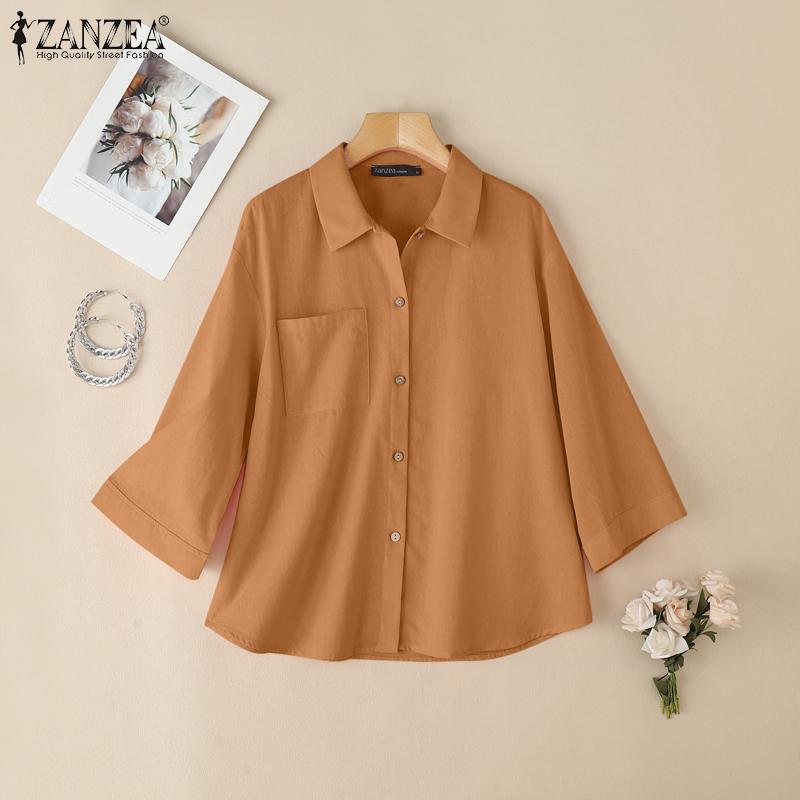 ZANZEA Womens Turn Down Collar 3/4 Sleeve Loose Button Blouse
