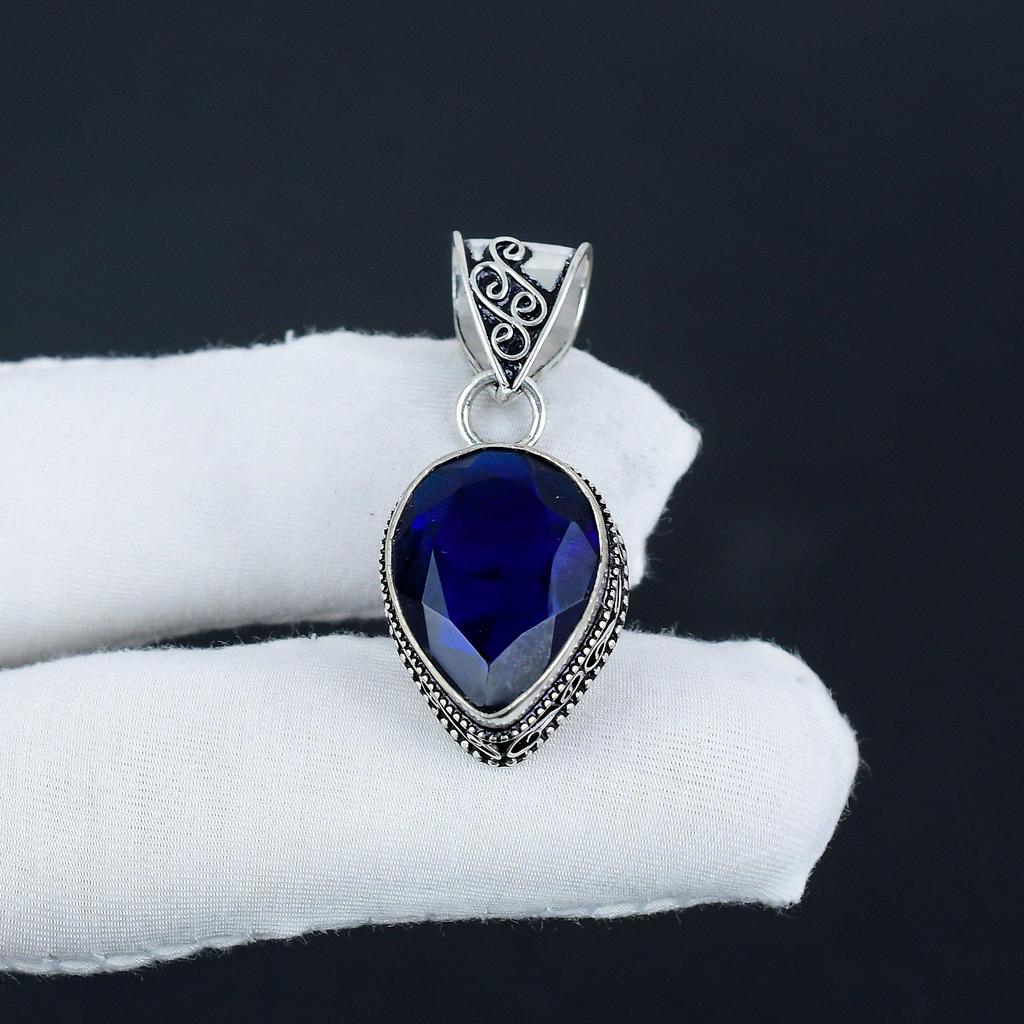 Unique Blue Sapphire Gemstone Silver Pendant in 925 Sterling Silver - Handmade Pear Design, Everyday Wear Jewelry Anniversary Gift