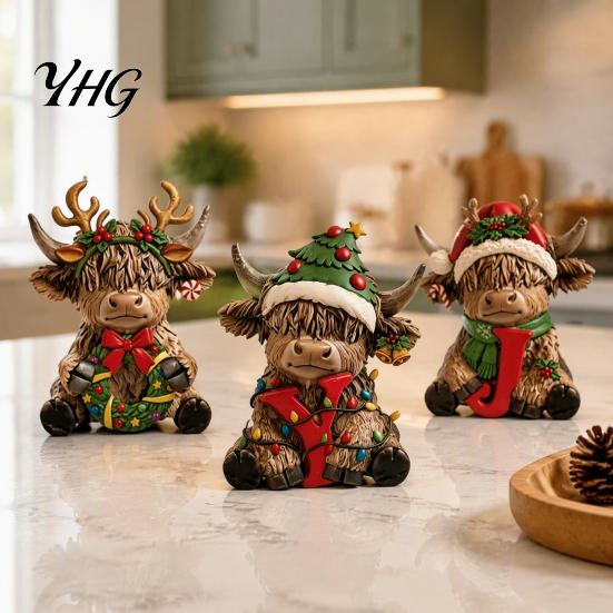 Stylish Home Decor Ornaments 3Pcs Christmas Highland Cow Figurine, Resin Yak Statues with JOY Letter Sign, Modern for Farmhouse Tabletop Ornaments,