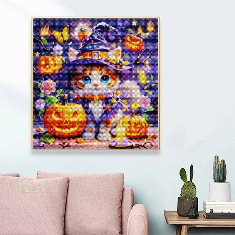 DIY Diamond Art Painting Kit Cute Halloween Witch Cat Pumpkin Pattern Full Drill Canvas Creative Handmade Craft Gift for Adults