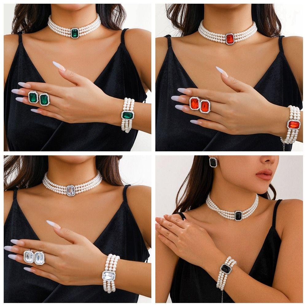 Multi-layer Pearl Jewelry Sets Rhinestones Bridal Jewelry Sets Necklace Bracelet Earring Set  Bride