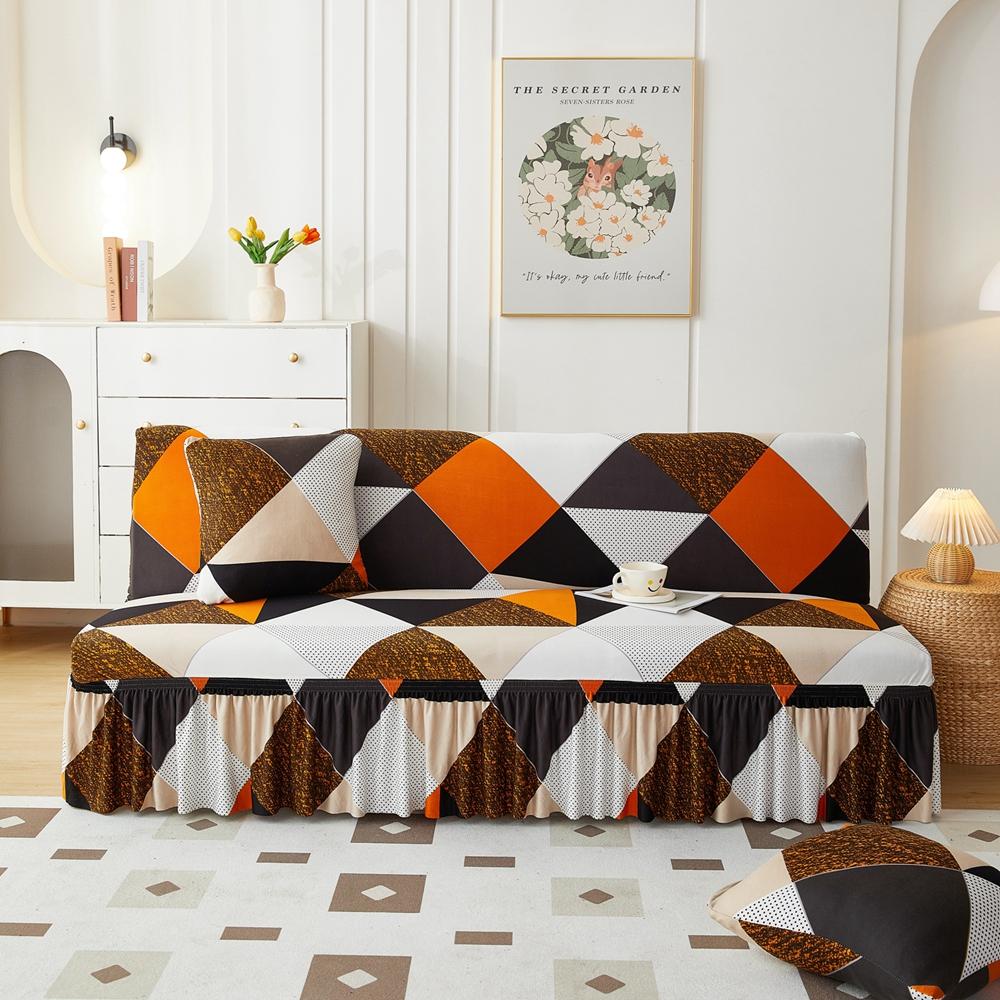 Premium Stretch Armless Futon Cover With Skirt and Print Washable Folding Sofa Bed Protector Elastic Furniture Cover