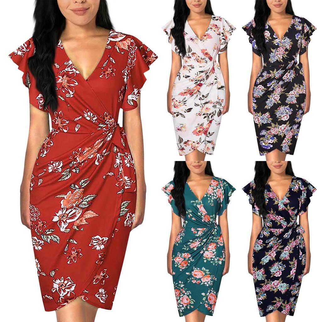 Women's Floral Print Dress Sexy V Neck Ruffle Sleeves Faux Wrap Ruched Bodycon Dress