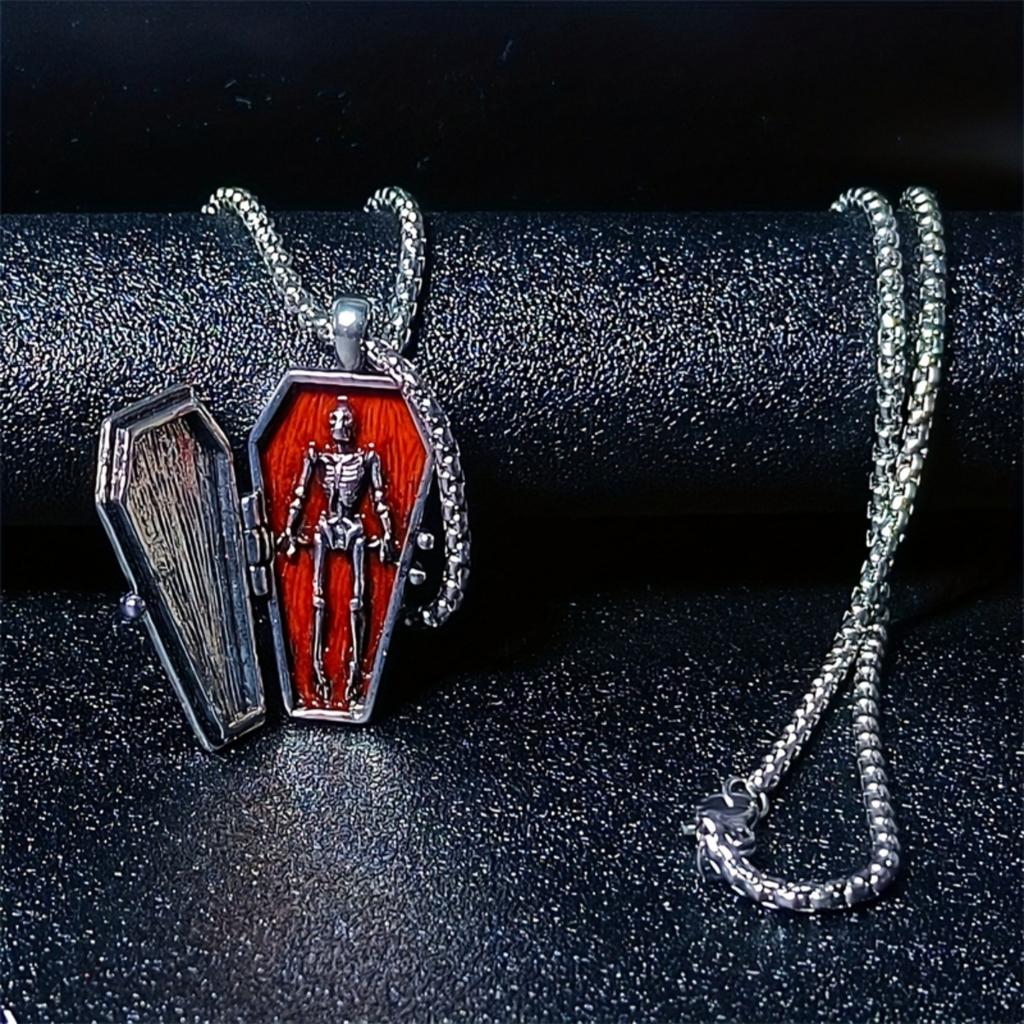 Vintage Halloween Openable Coffin Skeleton Skull Pendant Necklace Stainless Steel Chain Choker Gothic Punk Jewelry For Women Men