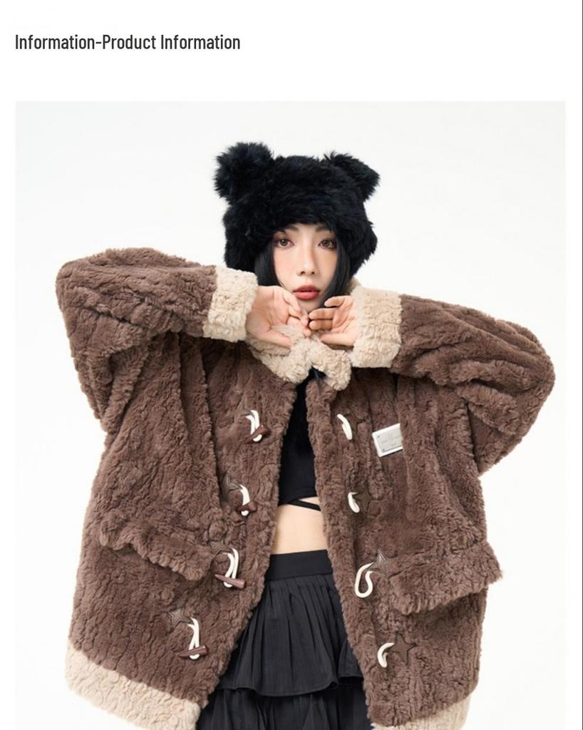 2024 Y2K Lamb Wool & Leather Mid-Length Plush Duffle Coat for Women