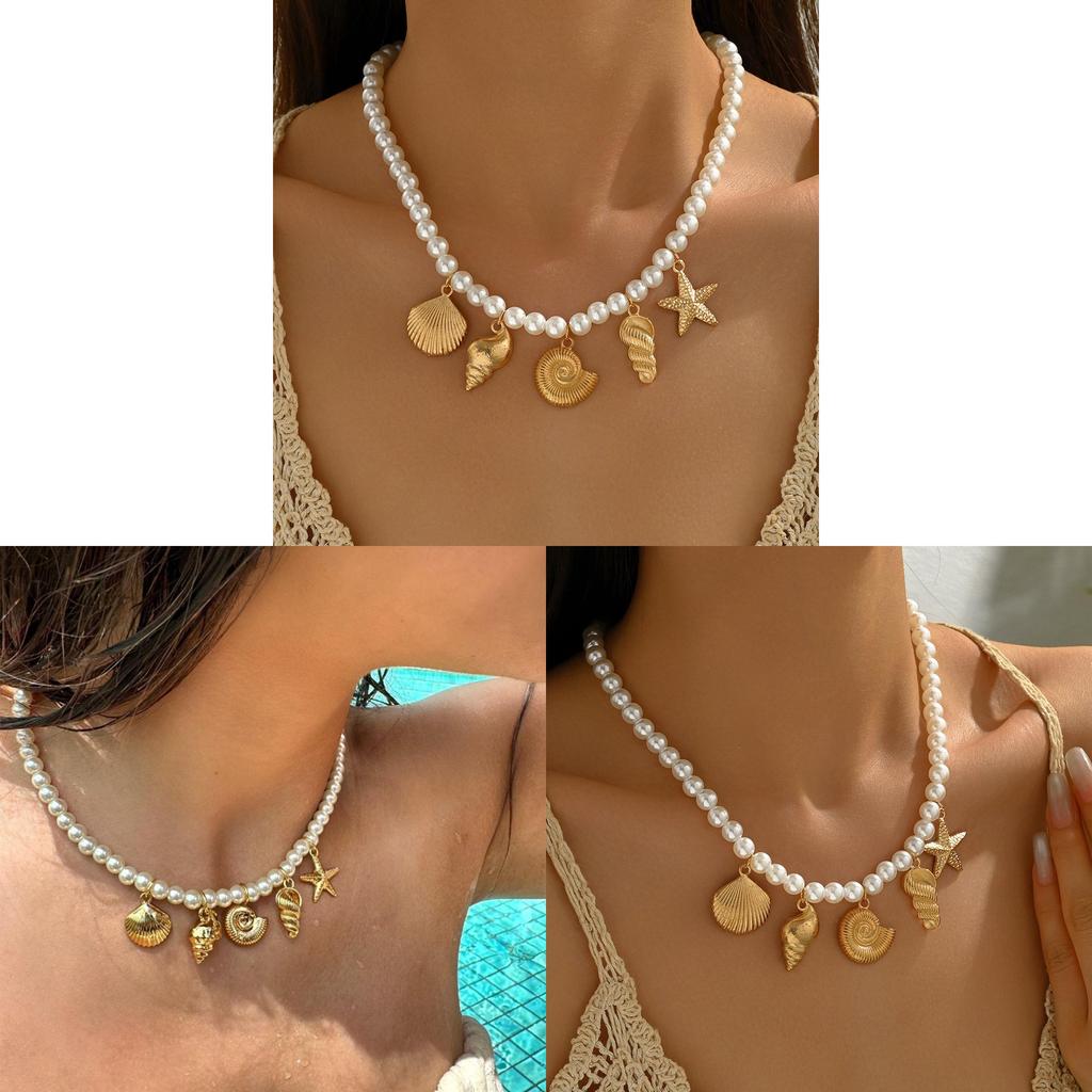 Oceanic Shell Starfish Pendant Necklace With Pearl Accents For Women