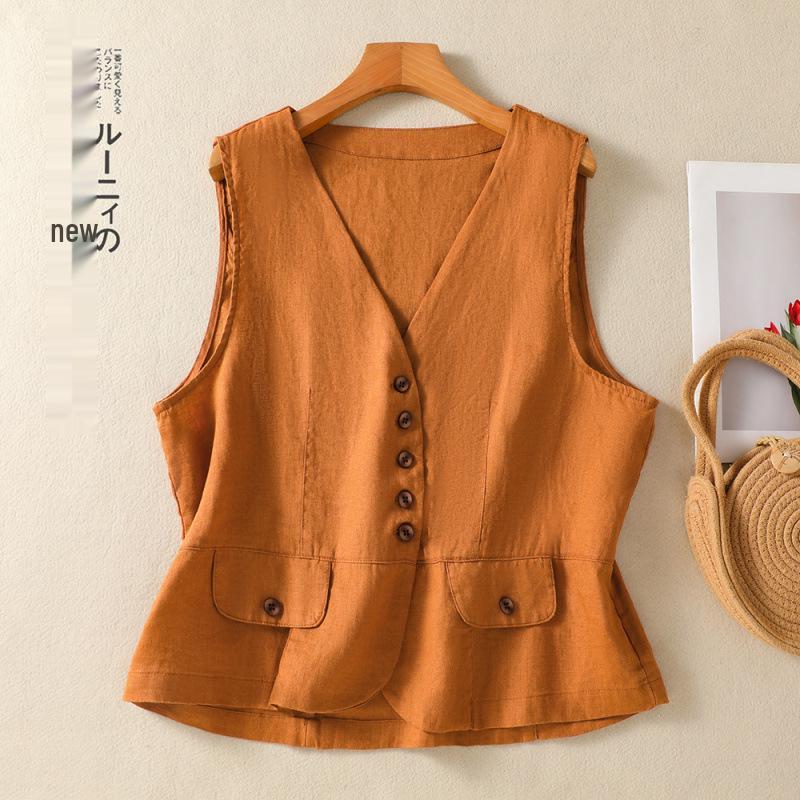 Women's Summer Simple V-neck Cotton Linen Vest Outerwear