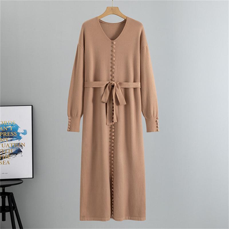 Autumn And Winter Women's V-Neck Base Knitted Long Dress  Loose Plus Size Solid Color Women's Dress