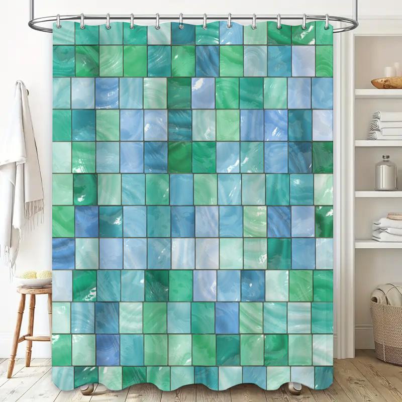 Green Blue Bath Mat Home Decor Shower Curtain Waterproof Fabric Bathroom Accessories For Bathtub Toilet Stickers Square Pattern