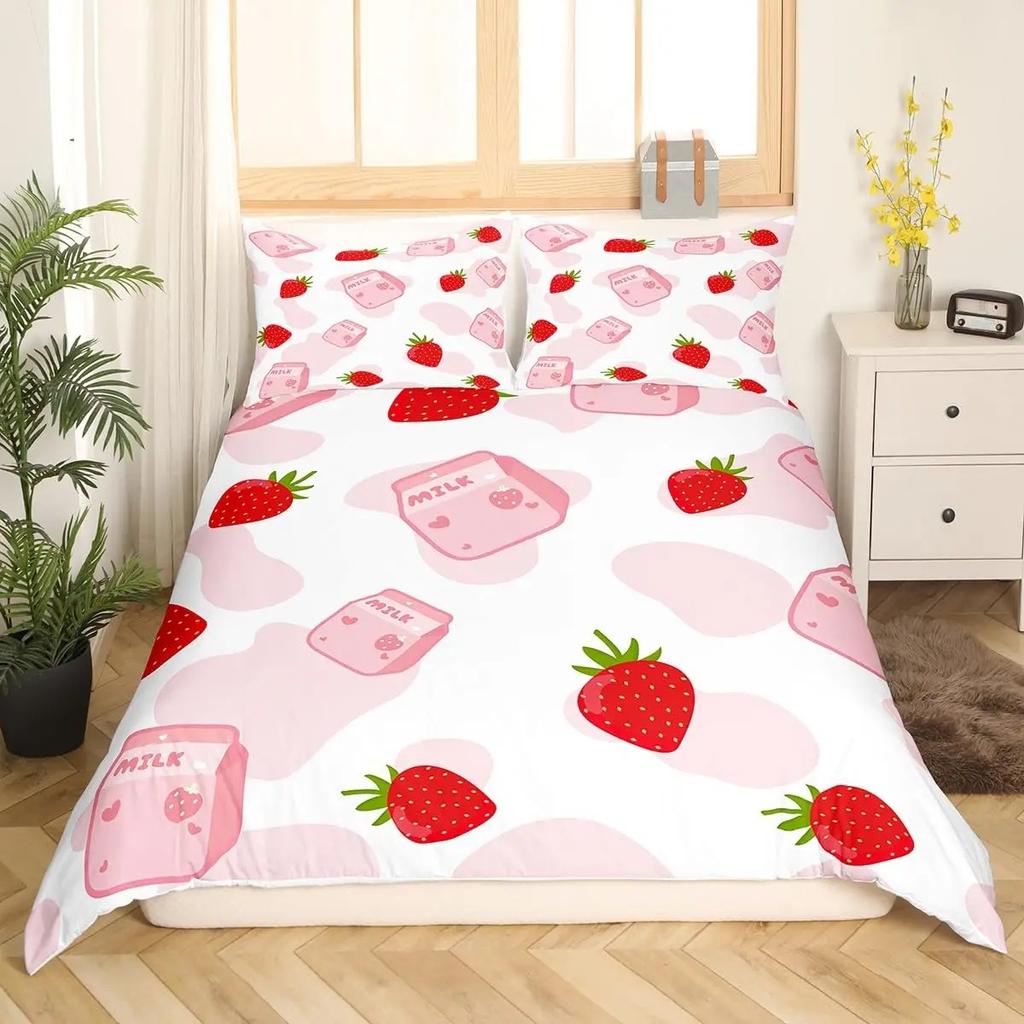 Sweet Strawberry Milk Duvet Cover King Queen Cute Bear Bedding Set Cartoon Fruits Animals Comforter Cover with 2 Pillowcases