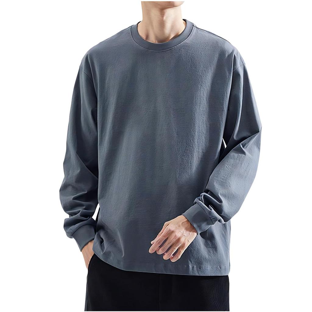 Long Sleeve Cotton Plus Crew Loose Long American Adult Charcoal X-cross Men's T-Shirt, Size, Summer, Simple, Neck, Casual, Stylish, Streetwear, Cool,