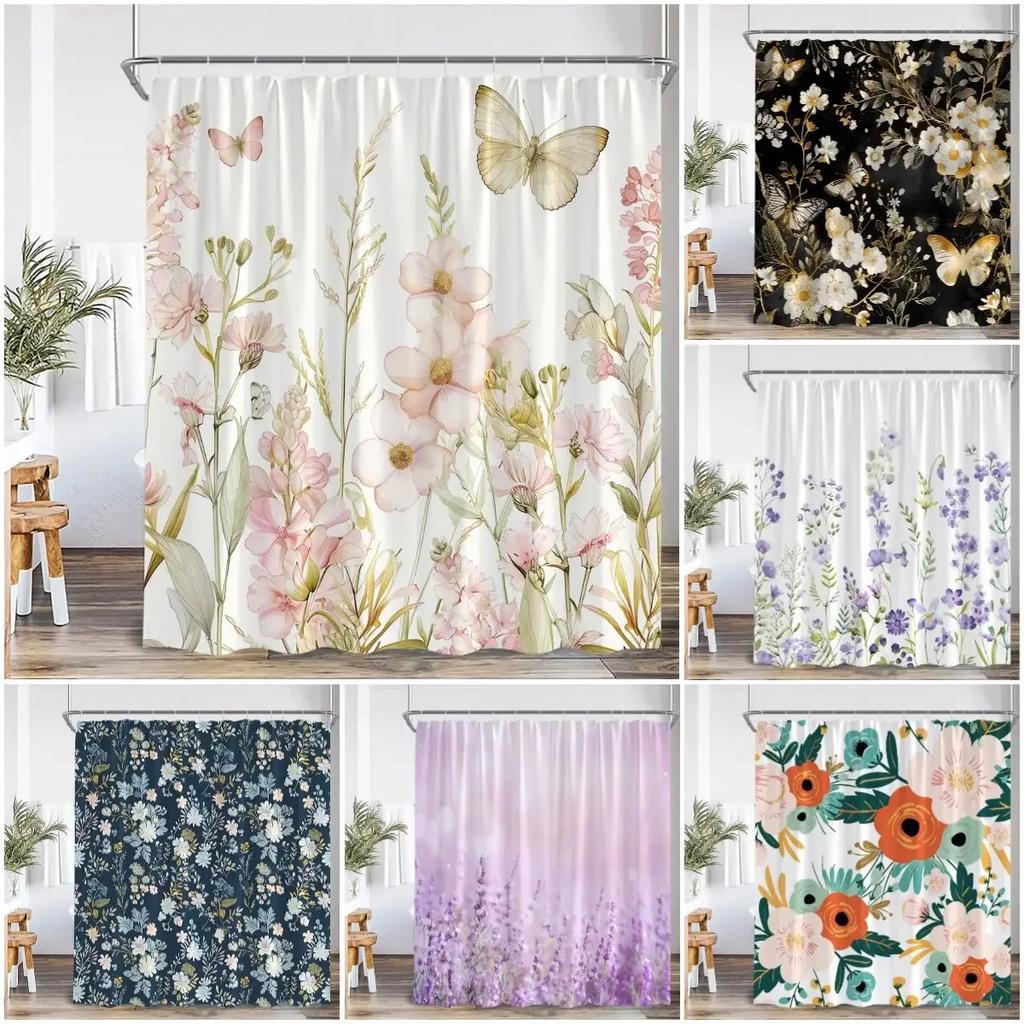 Vintage Floral Shower Curtain Plant Butterfly Floral Bathroom Curtain Decorative Polyester Bathtub Curtain With Hook