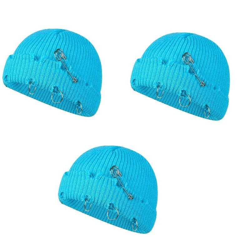 Women Girls Y2k Gothic Beanie Winter Knit Hats Trendy Metal Rings Pin Hip Hop Streetwear Harajuku Skull Cap Emo Scene Grunge