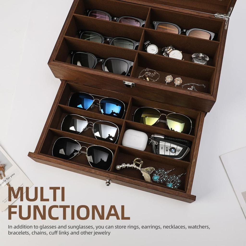 1pc 2 layers 12 grids Sunglasses wooden Storage Box with transparent Flip,Good quality,suitable for sunglasses display,organizer,collection.
