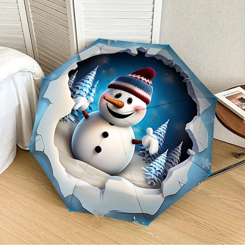 1pc Snowman Winter Scene Automatic Folding Umbrella, 8 Ribs Iron Frame, Suitable for Outdoor Travel and Daily Use Yy251120254