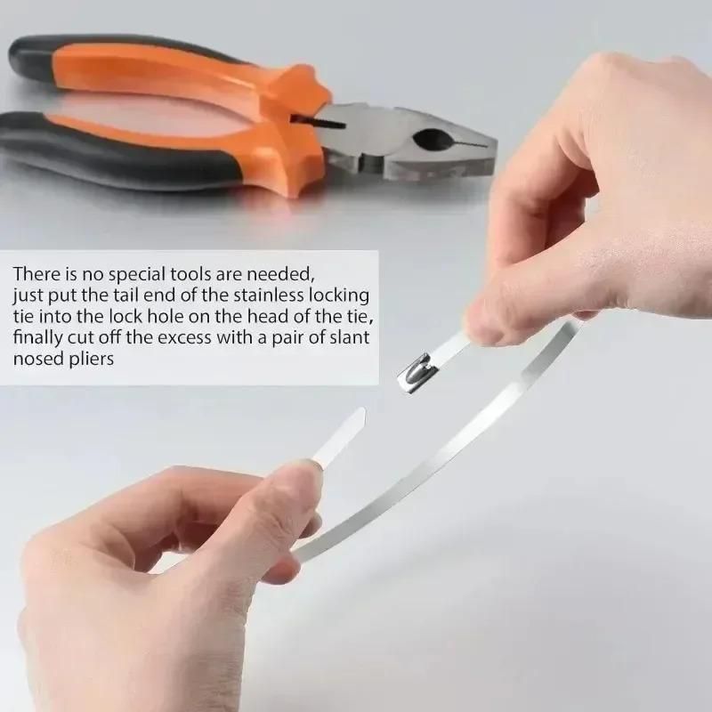 100Pcs Stainless Steel Cable Ties Metal Zip Ties Strap for Exhaust Wrap Multi-Purpose Heavy Duty Self-locking Fastening Ring