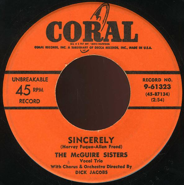 

7inch Record MCGUIRE SISTERS Sincerely 961323 Coral 1954 US Pop Used
