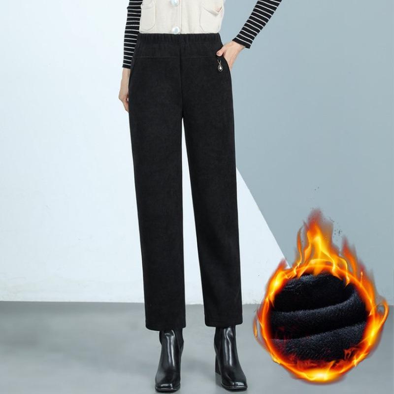 High-Waisted Corduroy Mom Pants with Velvet, Plus Size, for Middle-Aged & Elderly Women, Loose Straight-Leg Cropped Fit