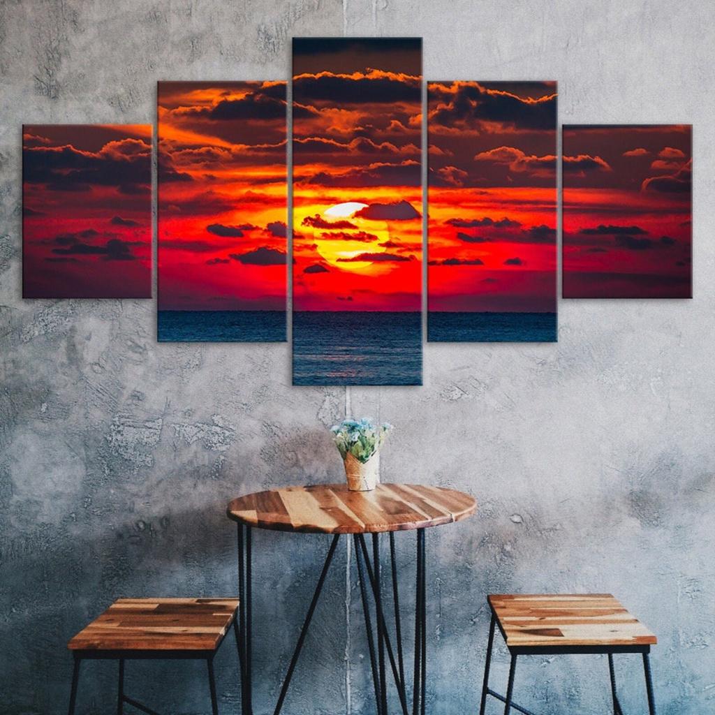 Ocean Sunset Red Sky Canvas 5 Piece Five Panel Wall Print Modern Art Poster Picture Home Decor Gift For Him For Her