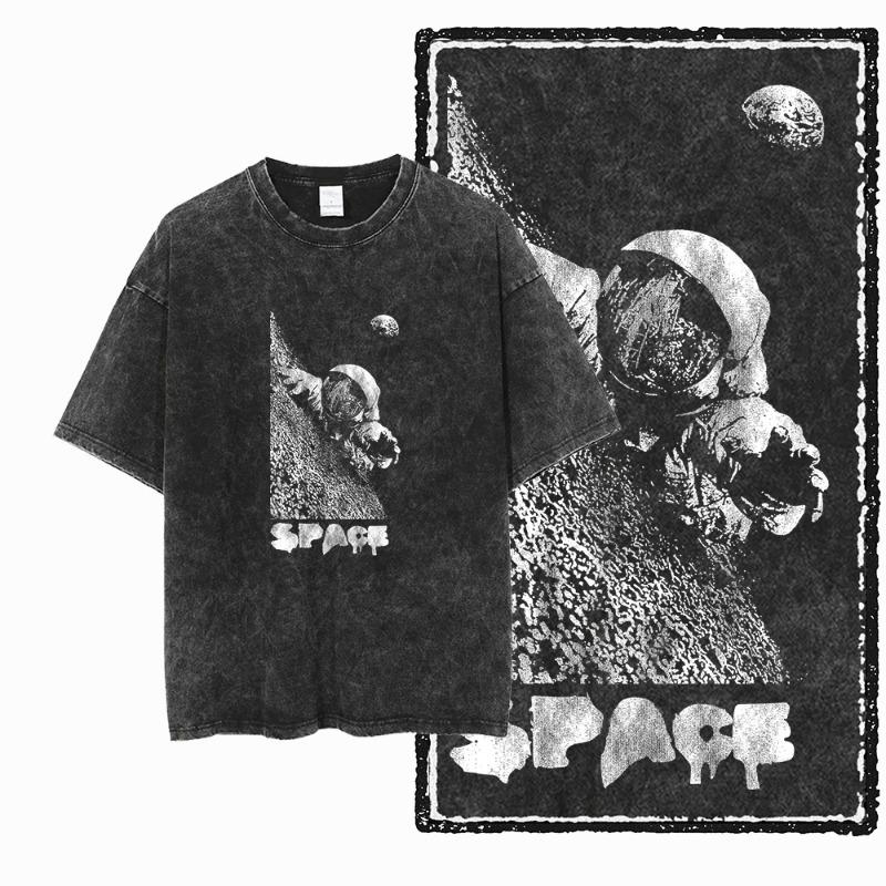 Vintage Space Station T Shirt Men Retro Space Graphic Tee Casual Streetwear Short Sleeve Tops