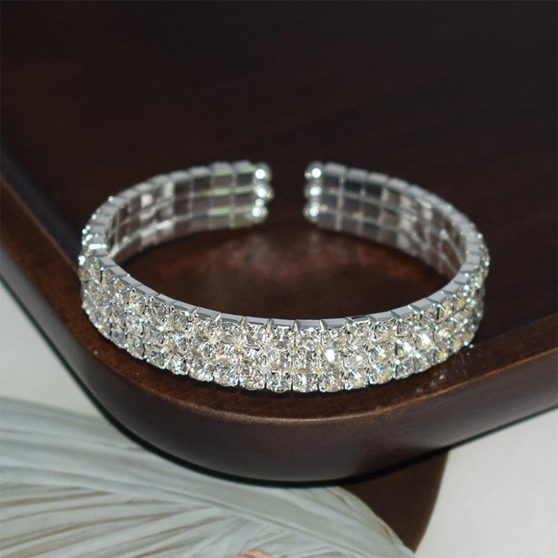 Multi-Row Rhinestones Bridal Wedding Bangles Gold/Silver Color Crystal Open Bracelet Women Wristband Elastic Jewelry