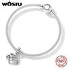WOSTU 925 Sterling Silver Cute Heart Cat Pendant Charm Beaded for Women Fit Original DIY Bracelet Necklace Jewelry Gift