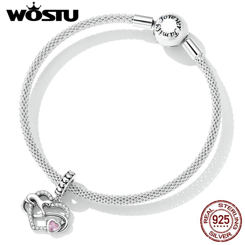 WOSTU 925 Sterling Silver Cute Heart Cat Pendant Charm Beaded for Women Fit Original DIY Bracelet Necklace Jewelry Gift