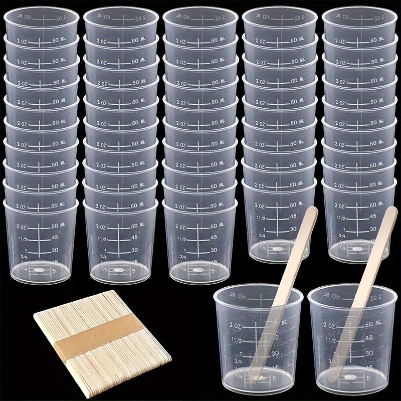 30Ml/1Oz Plastic Measuring Cups Made of Transparent Epoxy Resin Mixed Cups with 50 Wooden Mixing Sticks, Suitable for Resin, Epoxy Resin, Stains