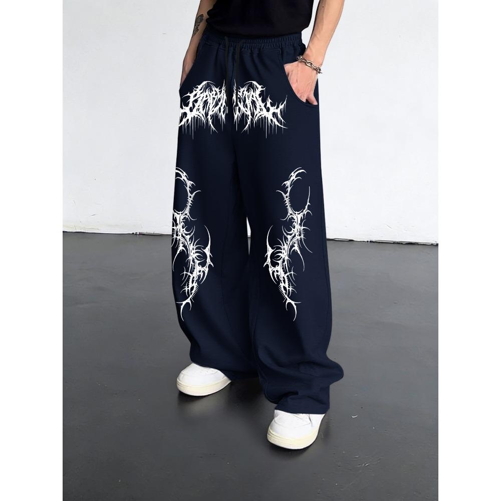 Black Loose Wide Leg Men's Sports Pants, Street Style Cool Flame Pattern, Drawstring Closure Street Style