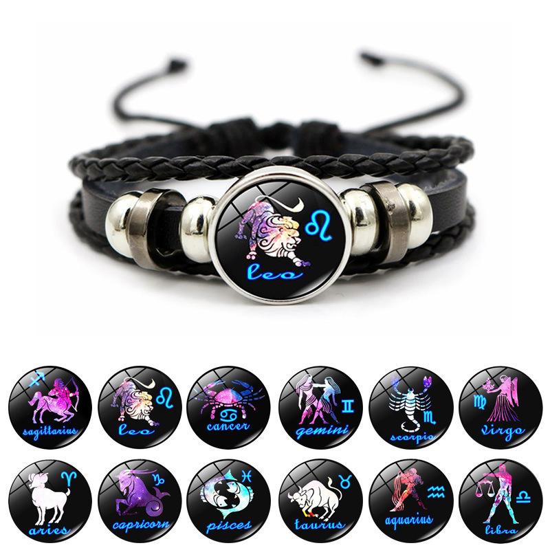 12 Constellations Charm Bracelet Men Women Fashion Multilayer Weave Leather Bracelet Birthday Gifts